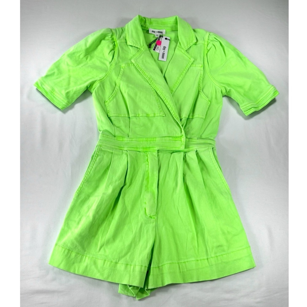 Day + Moon Shocking Lime Denim Puff Sleeve Collared Romper Neon Green Medium